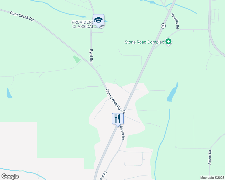 map of restaurants, bars, coffee shops, grocery stores, and more near 124 Gum Creek Road in Oxford