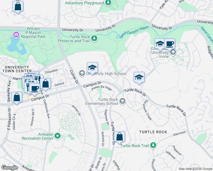 map of restaurants, bars, coffee shops, grocery stores, and more near 4951 Paseo De Vega in Irvine