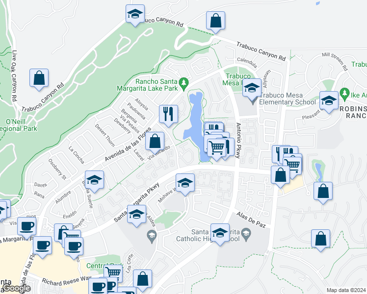 map of restaurants, bars, coffee shops, grocery stores, and more near 255 Montana Del Lago Drive in Rancho Santa Margarita
