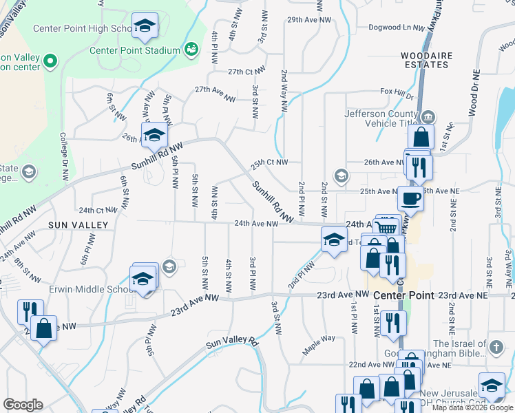 map of restaurants, bars, coffee shops, grocery stores, and more near 2413 3rd Place Northwest in Center Point