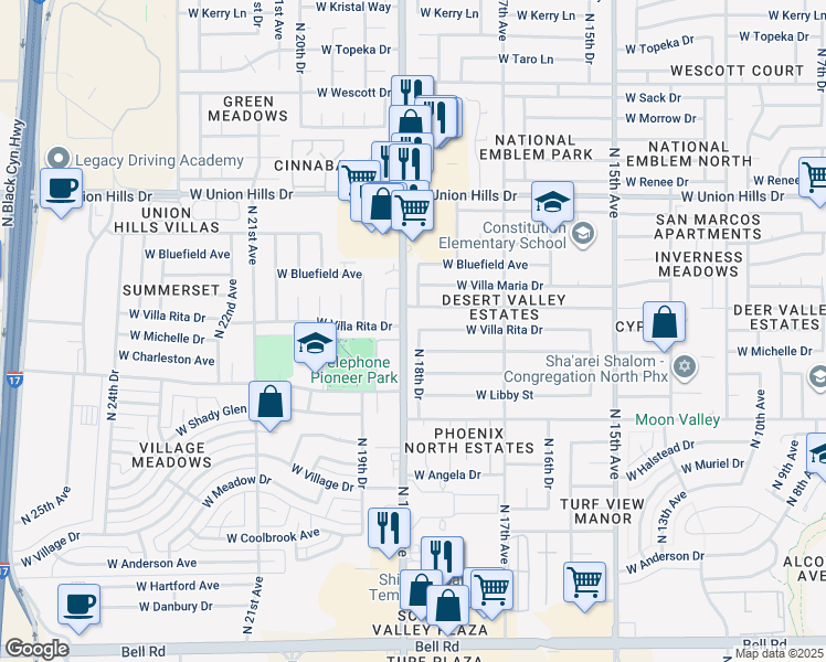 map of restaurants, bars, coffee shops, grocery stores, and more near 18034 North 18th Drive in Phoenix