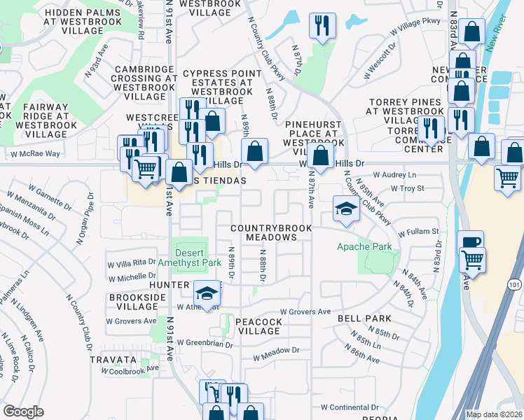 map of restaurants, bars, coffee shops, grocery stores, and more near 8833 West Bluefield Avenue in Peoria