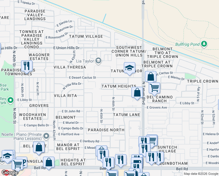 map of restaurants, bars, coffee shops, grocery stores, and more near 4550 East Villa Rita Drive in Phoenix