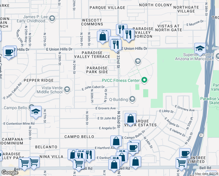 map of restaurants, bars, coffee shops, grocery stores, and more near 3103 East Villa Rita Drive in Phoenix