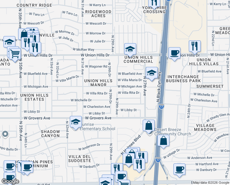 map of restaurants, bars, coffee shops, grocery stores, and more near 2919 West Michigan Avenue in Phoenix