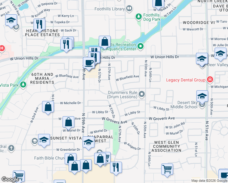 map of restaurants, bars, coffee shops, grocery stores, and more near 18222 North 56th Lane in Glendale