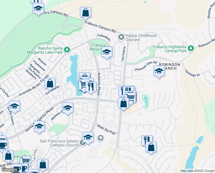 map of restaurants, bars, coffee shops, grocery stores, and more near 19 Vía Mariposa in Rancho Santa Margarita