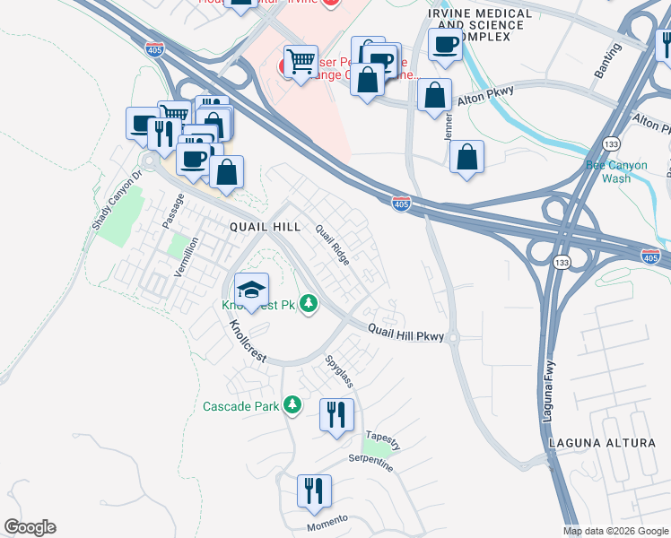map of restaurants, bars, coffee shops, grocery stores, and more near 404 Quail Ridge in Irvine