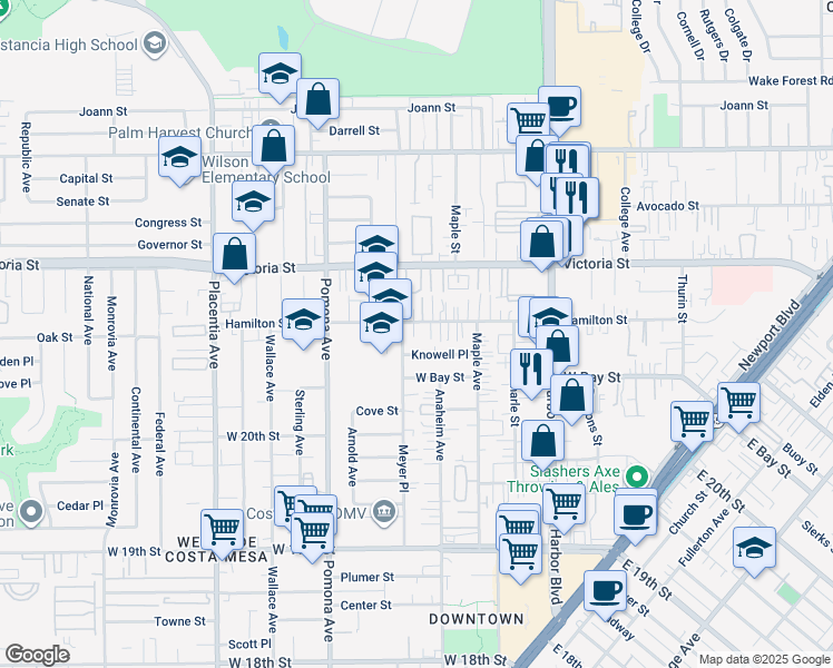 map of restaurants, bars, coffee shops, grocery stores, and more near 610 Hamilton Street in Costa Mesa