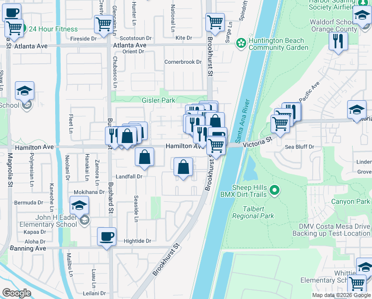 map of restaurants, bars, coffee shops, grocery stores, and more near 9842 Hamilton Avenue in Huntington Beach