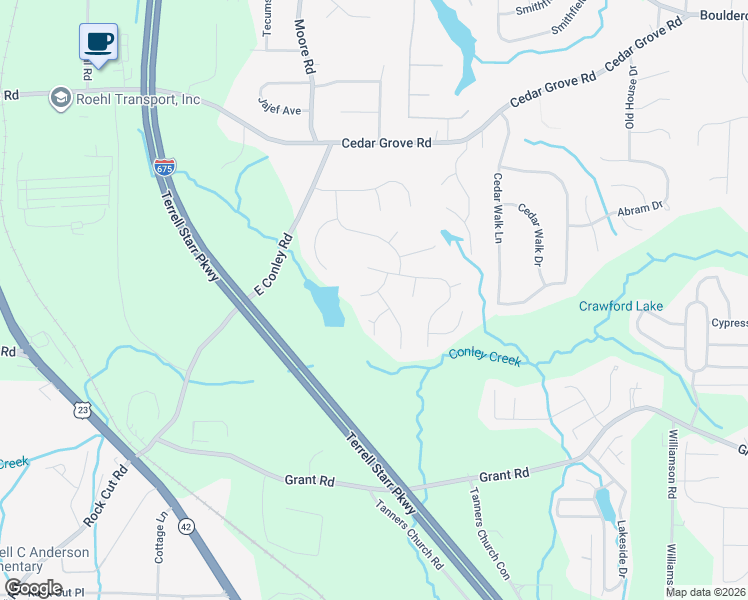 map of restaurants, bars, coffee shops, grocery stores, and more near 1763 Lake Edge Circle in Conley