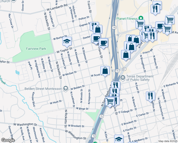 map of restaurants, bars, coffee shops, grocery stores, and more near 227 West McGee Street in Sherman