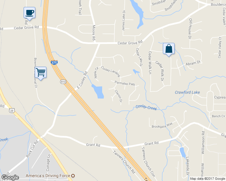 map of restaurants, bars, coffee shops, grocery stores, and more near 1763 Lake Edge Circle in Conley