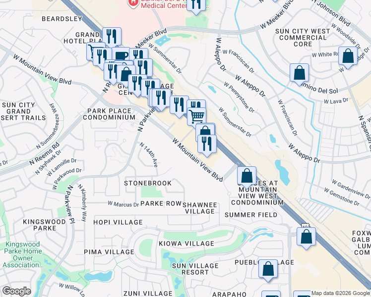 map of restaurants, bars, coffee shops, grocery stores, and more near 14155 West Mountain View Boulevard in Surprise