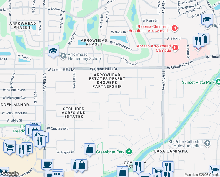 map of restaurants, bars, coffee shops, grocery stores, and more near 7026 West Wagoner Road in Glendale