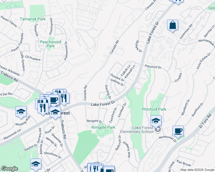 map of restaurants, bars, coffee shops, grocery stores, and more near 21542 Sterling Drive in Lake Forest