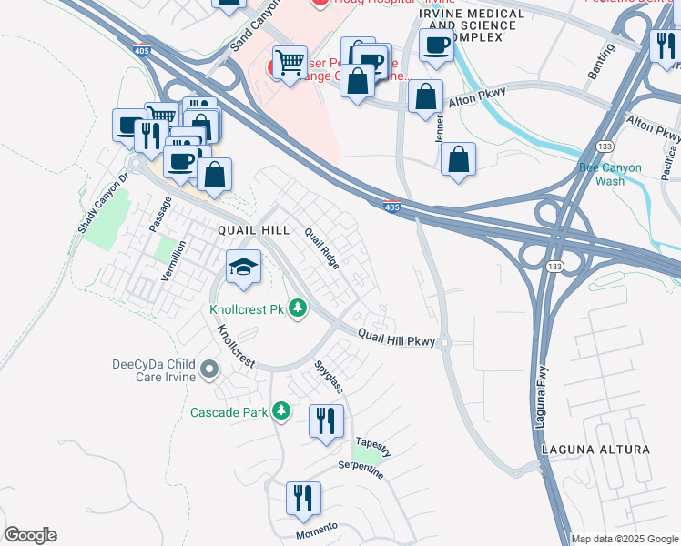 map of restaurants, bars, coffee shops, grocery stores, and more near Quail Ridge in Irvine