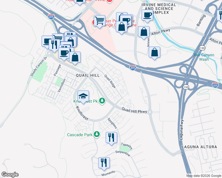 map of restaurants, bars, coffee shops, grocery stores, and more near 404 Quail Ridge in Irvine