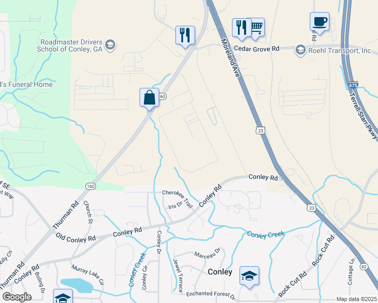 map of restaurants, bars, coffee shops, grocery stores, and more near in Conley