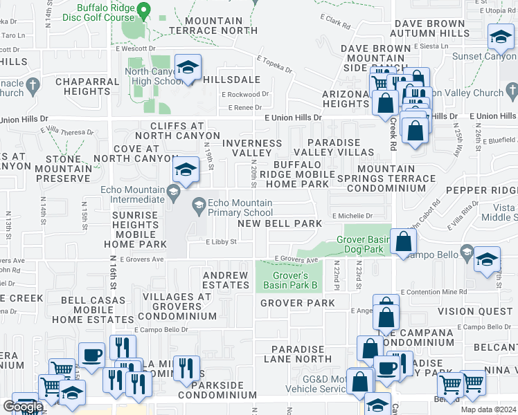 map of restaurants, bars, coffee shops, grocery stores, and more near 18025 North 20th Street in Phoenix