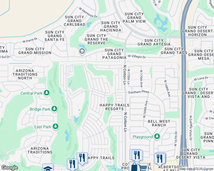 map of restaurants, bars, coffee shops, grocery stores, and more near North Nellie Belle in Surprise