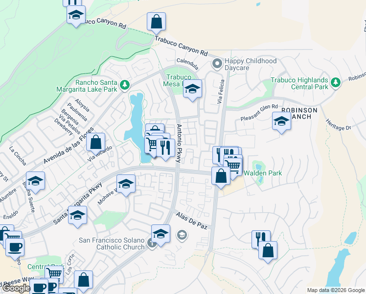 map of restaurants, bars, coffee shops, grocery stores, and more near 4 Daffodil in Rancho Santa Margarita