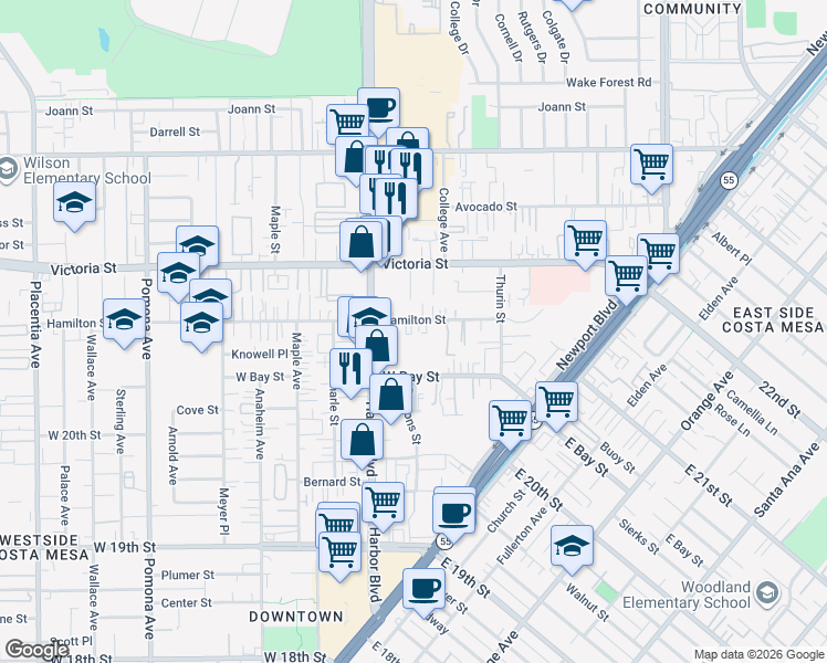 map of restaurants, bars, coffee shops, grocery stores, and more near 431 Hamilton Street in Costa Mesa