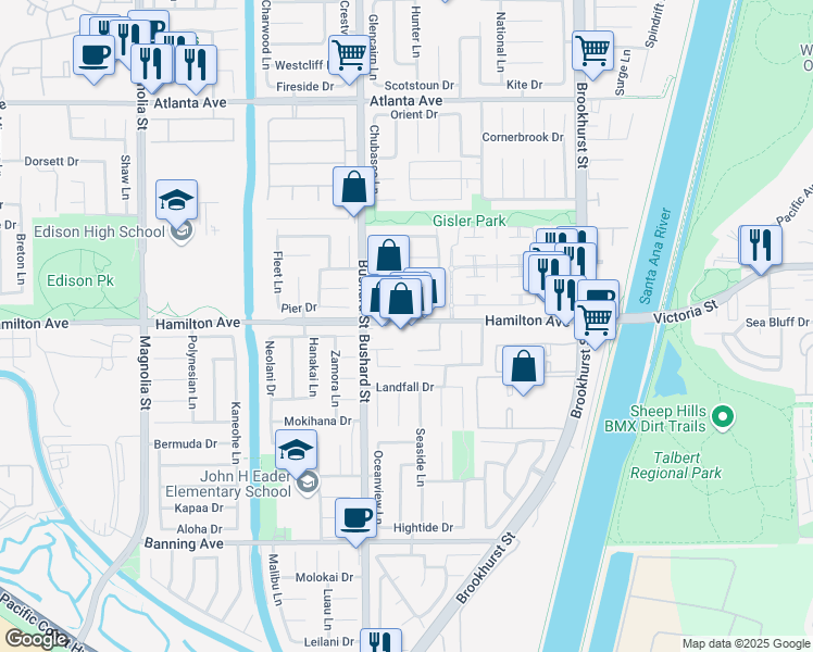 map of restaurants, bars, coffee shops, grocery stores, and more near in Huntington Beach