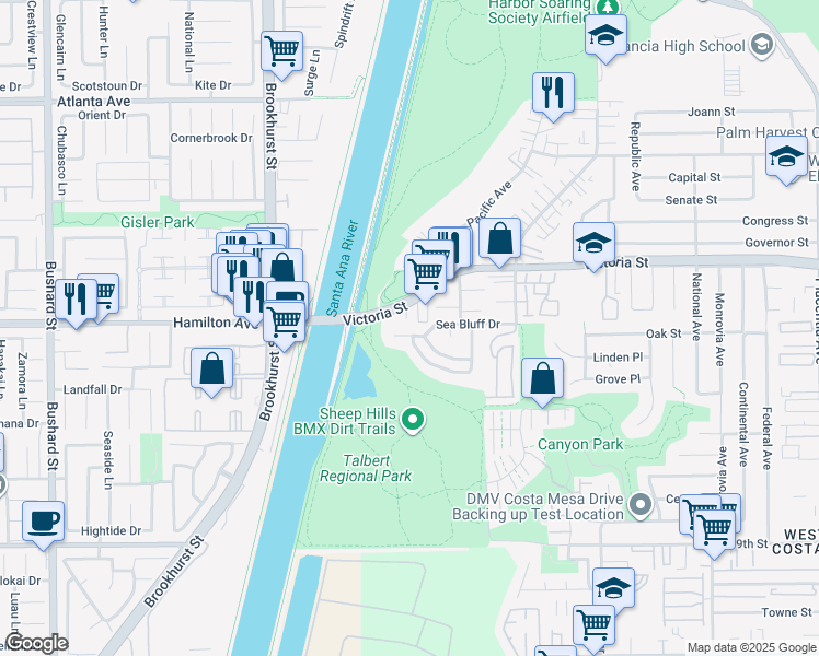 map of restaurants, bars, coffee shops, grocery stores, and more near 1170 Gleneagles Terrace in Costa Mesa