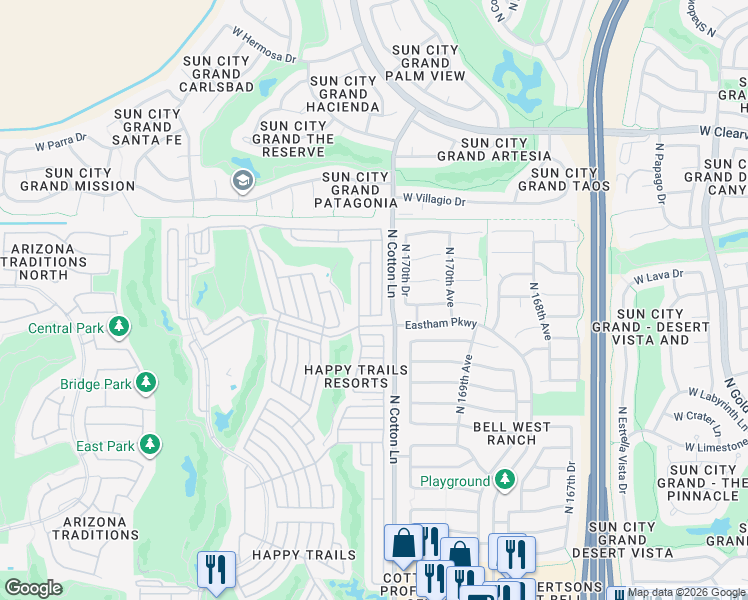 map of restaurants, bars, coffee shops, grocery stores, and more near 18201-18399 North Pat Brady in Surprise