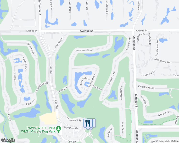 map of restaurants, bars, coffee shops, grocery stores, and more near 80504 Pebble Beach in La Quinta