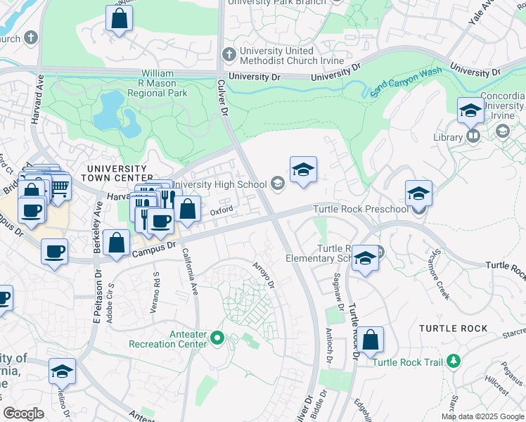 map of restaurants, bars, coffee shops, grocery stores, and more near in Irvine