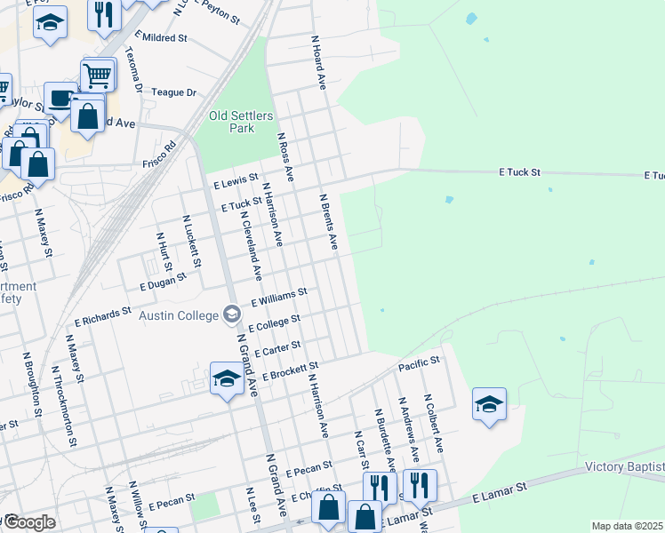 map of restaurants, bars, coffee shops, grocery stores, and more near 1106 North Brents Avenue in Sherman