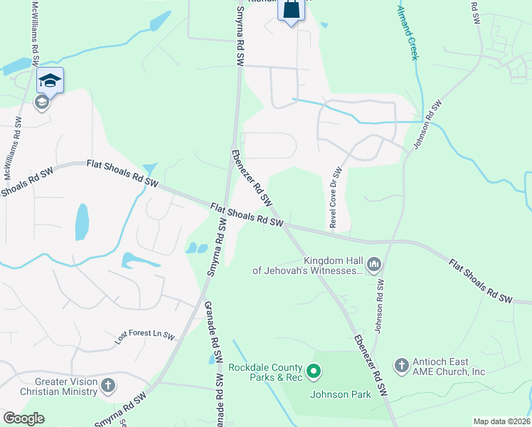 map of restaurants, bars, coffee shops, grocery stores, and more near 1801 Flat Shoals Road Southwest in Conyers