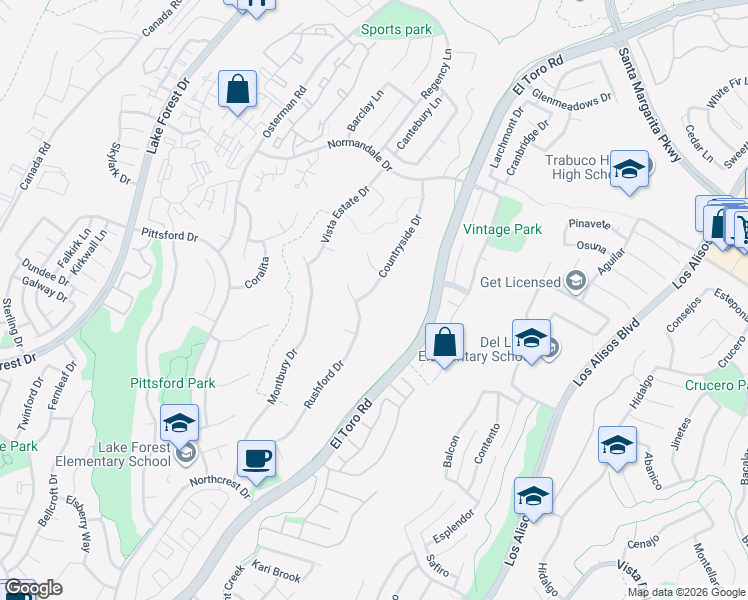 map of restaurants, bars, coffee shops, grocery stores, and more near 21492 Countryside Drive in Lake Forest