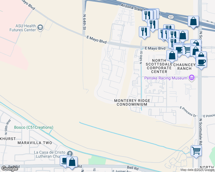 map of restaurants, bars, coffee shops, grocery stores, and more near 18116 North 66th Place in Phoenix