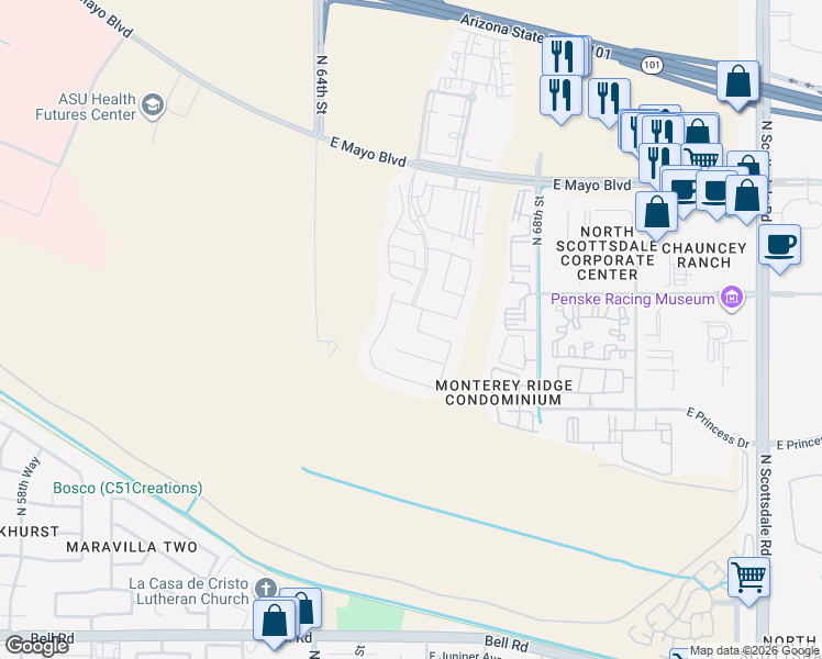 map of restaurants, bars, coffee shops, grocery stores, and more near 18116 North 66th Place in Phoenix