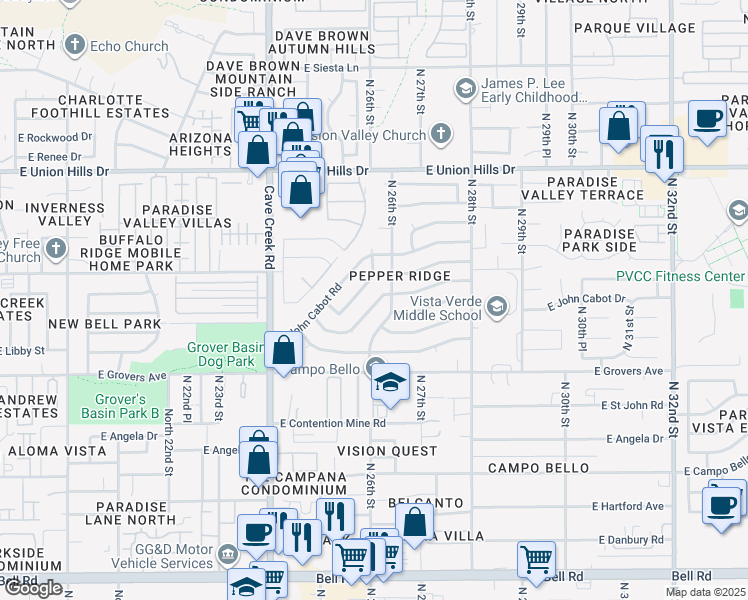 map of restaurants, bars, coffee shops, grocery stores, and more near 18034 North 26th Street in Phoenix
