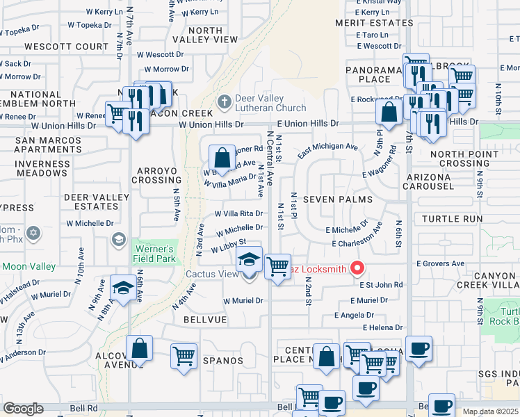 map of restaurants, bars, coffee shops, grocery stores, and more near 120 West Michigan Avenue in Phoenix