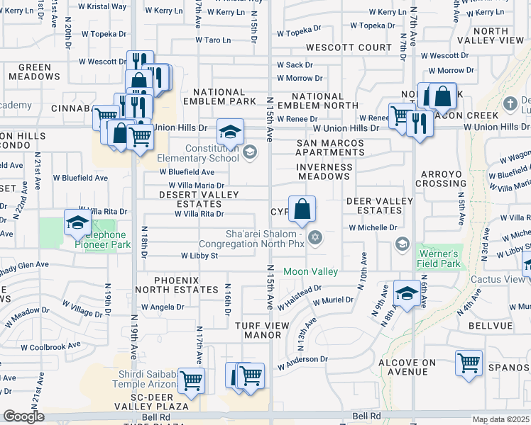 map of restaurants, bars, coffee shops, grocery stores, and more near 1501 West Michigan Avenue in Phoenix