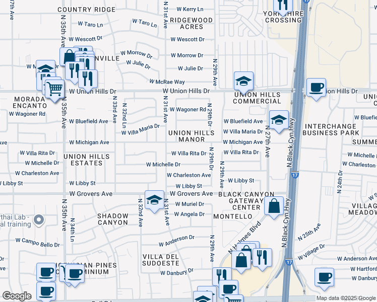 map of restaurants, bars, coffee shops, grocery stores, and more near 2953 West Michigan Avenue in Phoenix
