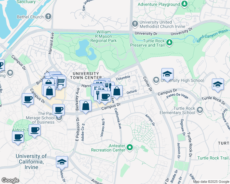 map of restaurants, bars, coffee shops, grocery stores, and more near 1 Exeter in Irvine