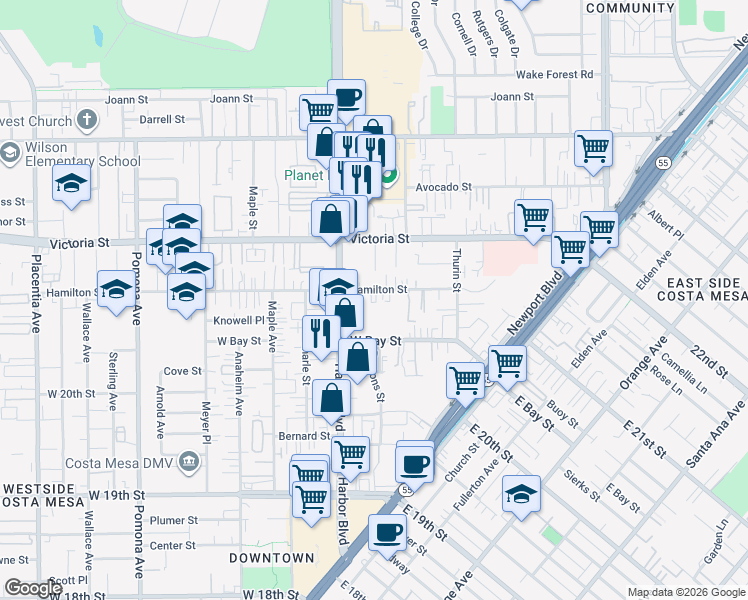 map of restaurants, bars, coffee shops, grocery stores, and more near 440 Hamilton Street in Costa Mesa