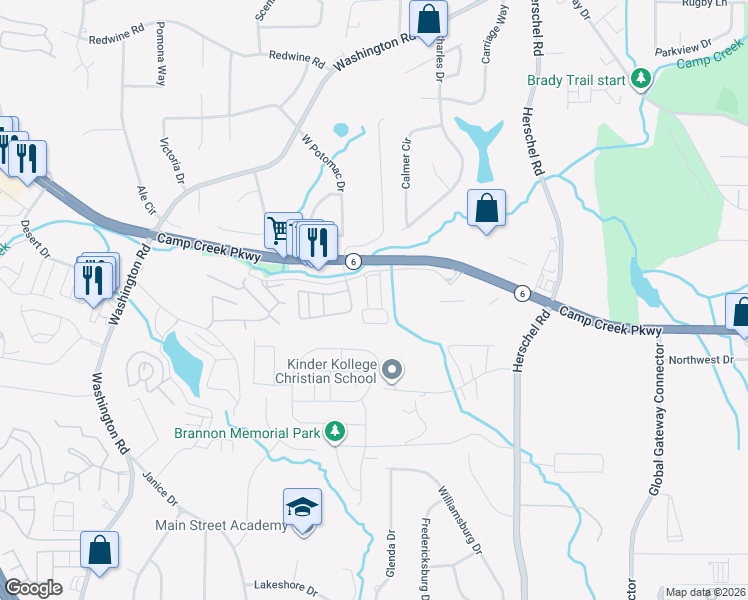 map of restaurants, bars, coffee shops, grocery stores, and more near 2700 Camp Creek Parkway in College Park