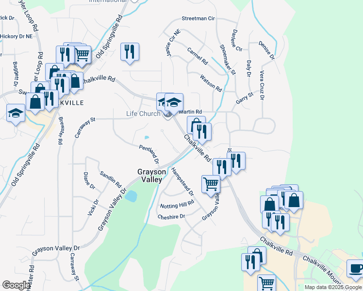 map of restaurants, bars, coffee shops, grocery stores, and more near 5577 Chalkville Road in Birmingham