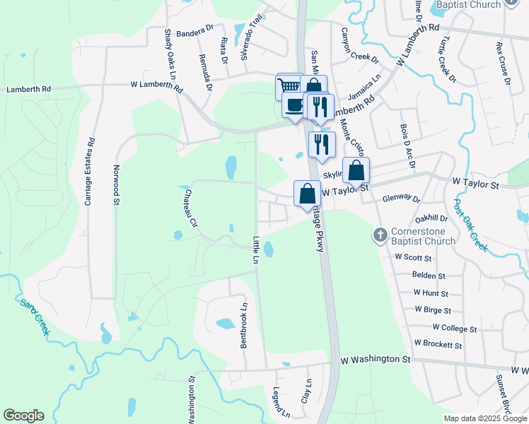 map of restaurants, bars, coffee shops, grocery stores, and more near 2300 West Taylor Street in Sherman