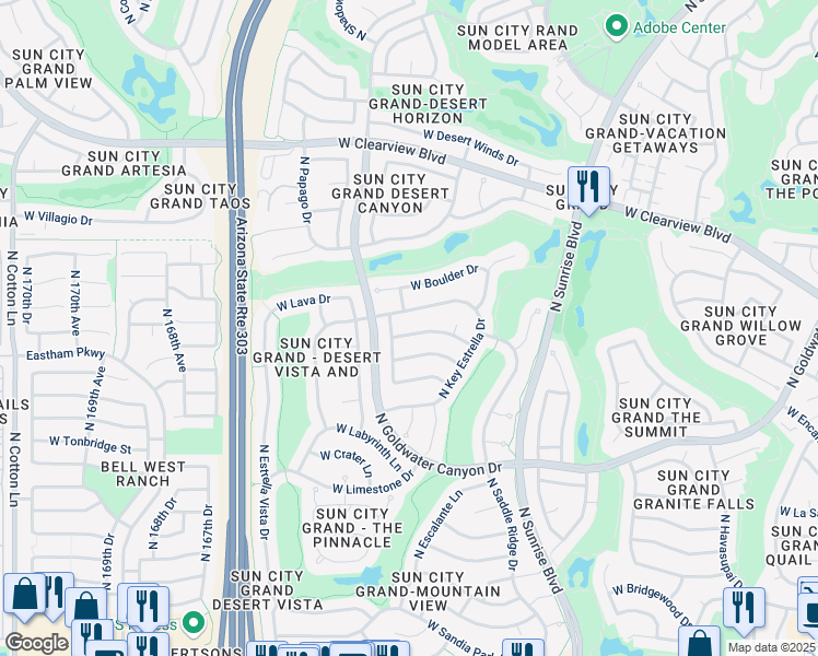 map of restaurants, bars, coffee shops, grocery stores, and more near 16318 West Arroyo Vista Lane in Surprise