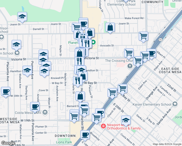 map of restaurants, bars, coffee shops, grocery stores, and more near 431 Hamilton Street in Costa Mesa