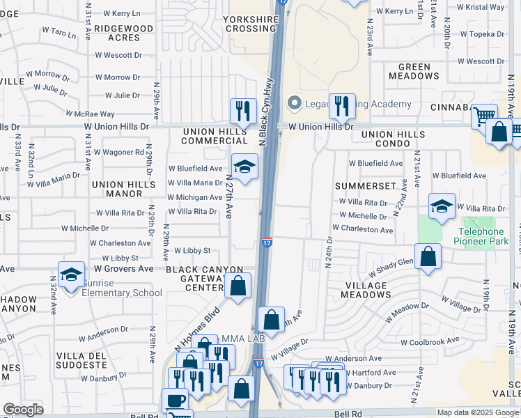 map of restaurants, bars, coffee shops, grocery stores, and more near 18000 North Black Canyon Highway in Phoenix