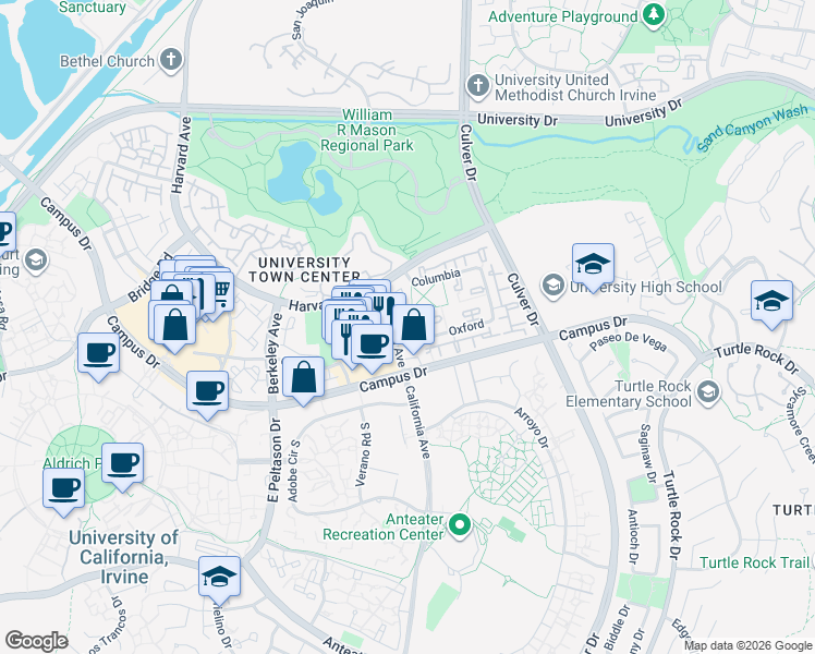 map of restaurants, bars, coffee shops, grocery stores, and more near 1 Exeter in Irvine